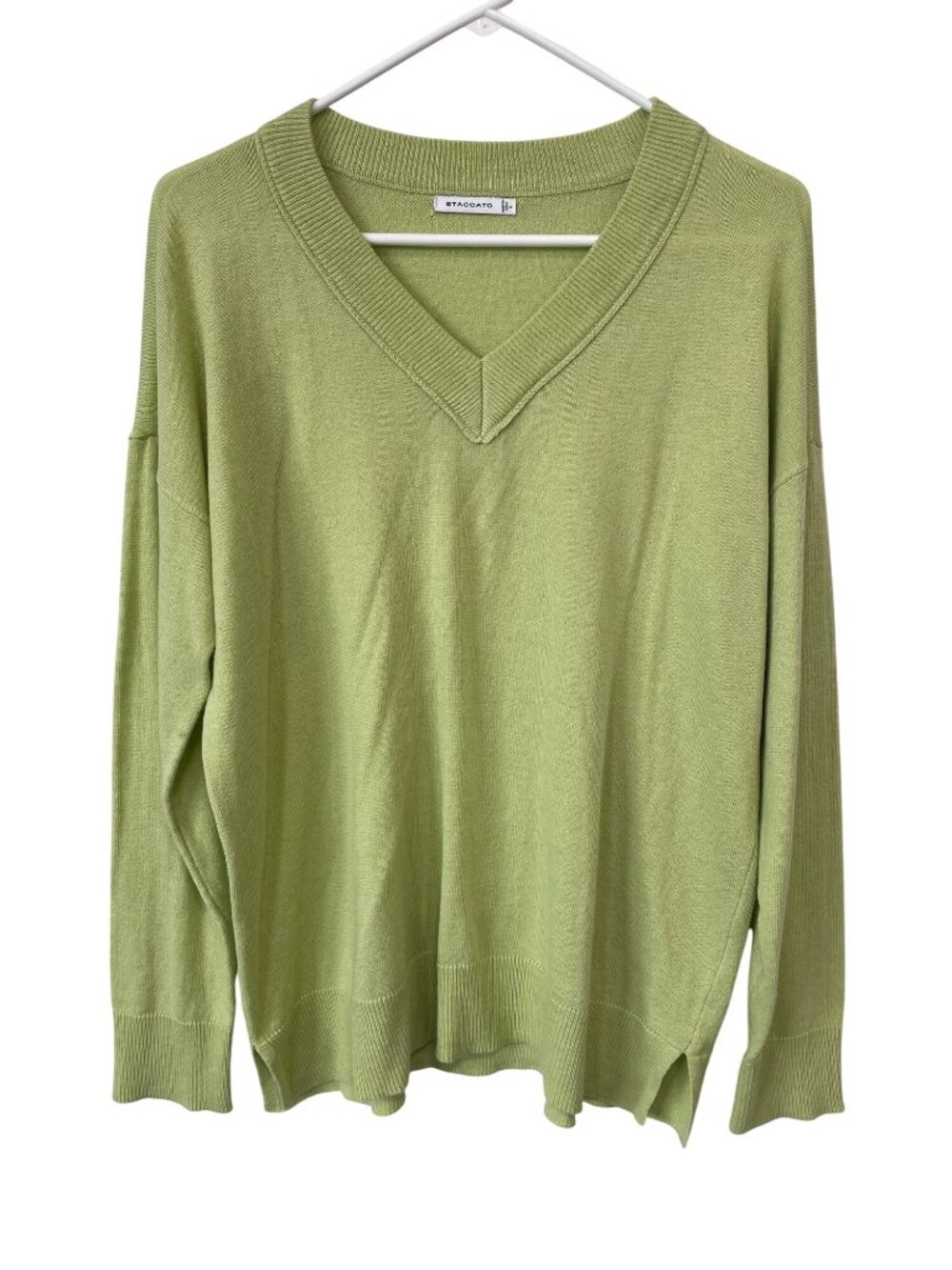 Staccato Sweater Large VNeck Long Sleeve Pullover Polyester Blend Green Knitwear